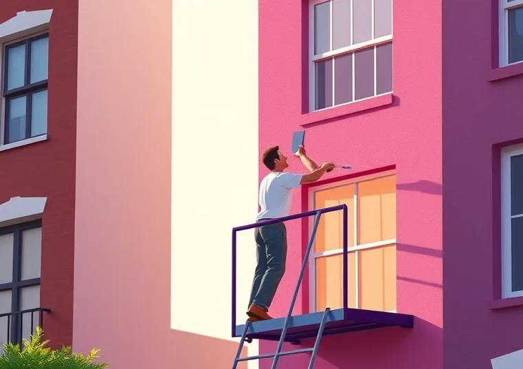Peintre sur échafaudage traitant la façade d'une maison