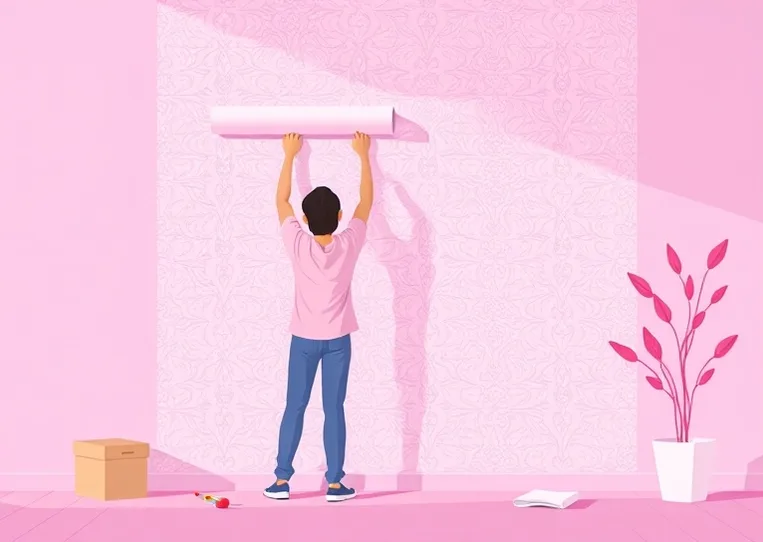 Pose de papier peint, rouleau et brosse à maroufler